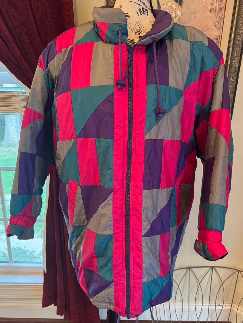 Vintage 80s 90s Colorblock Geometric Ski Jacket Puffer Pink Purple Teal 2X Coat